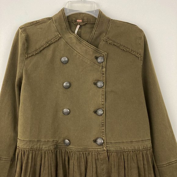 Free People Ruffle Hem Military Jacket Size S Double Breasted Peplum Green - Picture 6 of 11